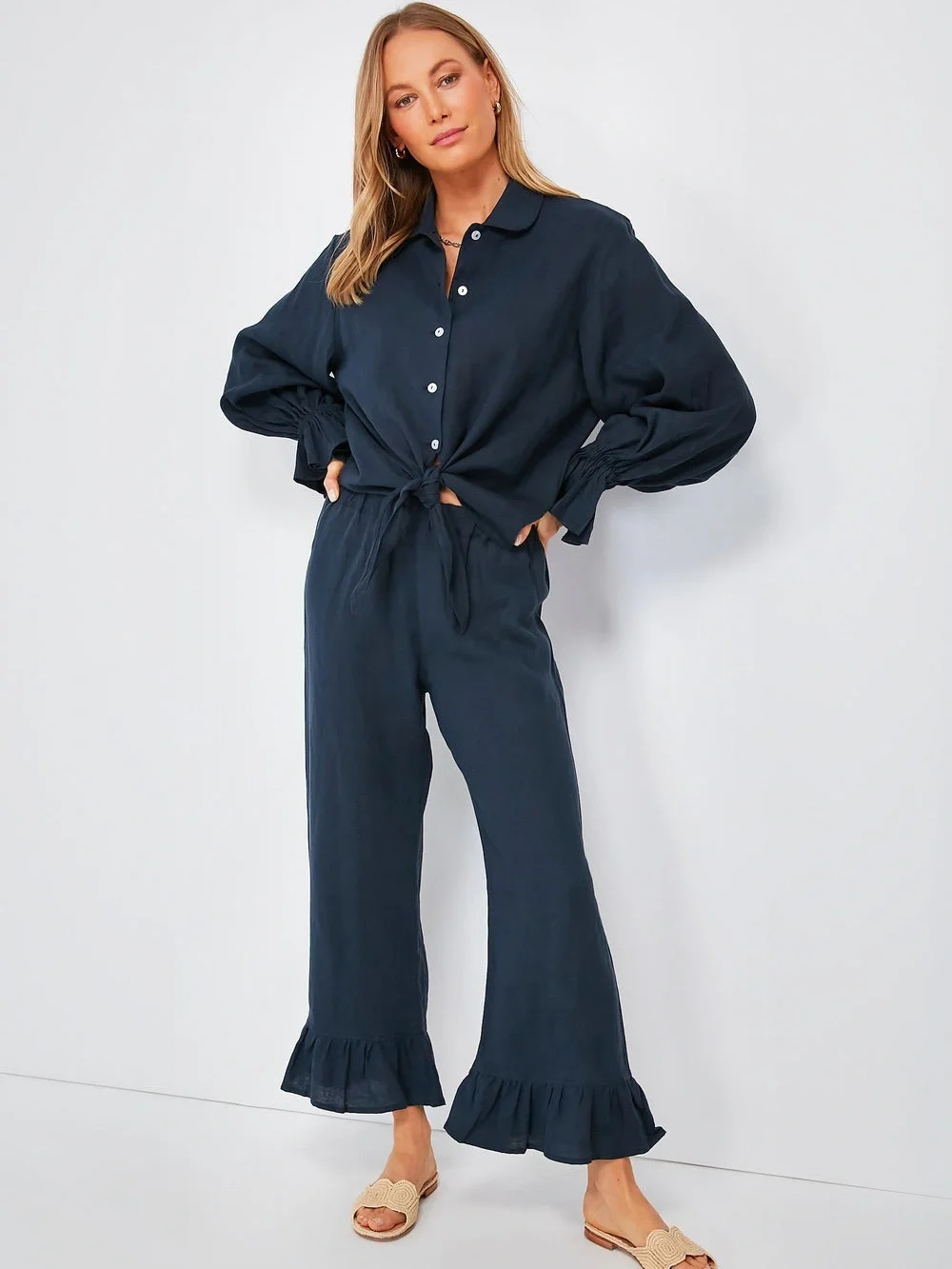 SLEEPER Navy Blue Rumba Linen Lounge Suit Set Size Small